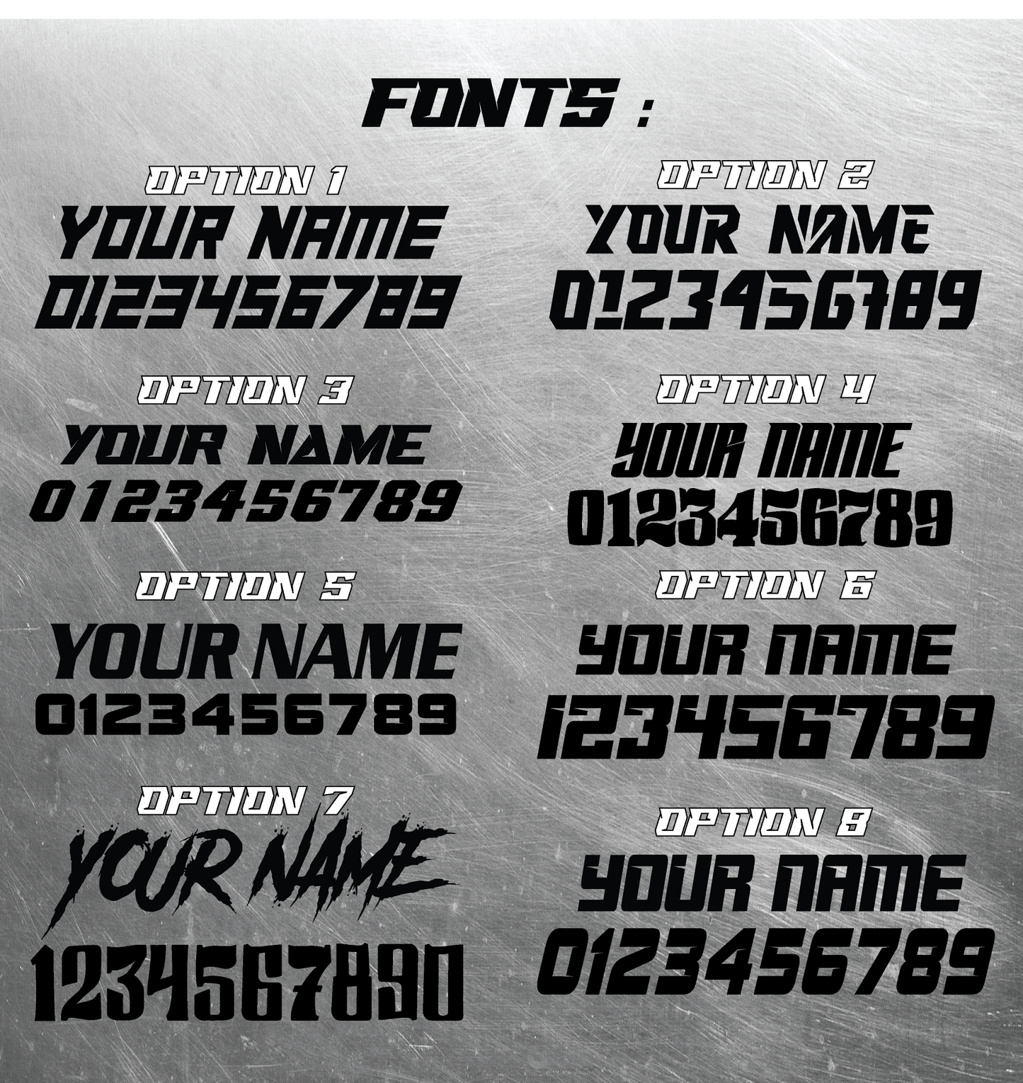 Available font styles for personalized balance bike plate decals