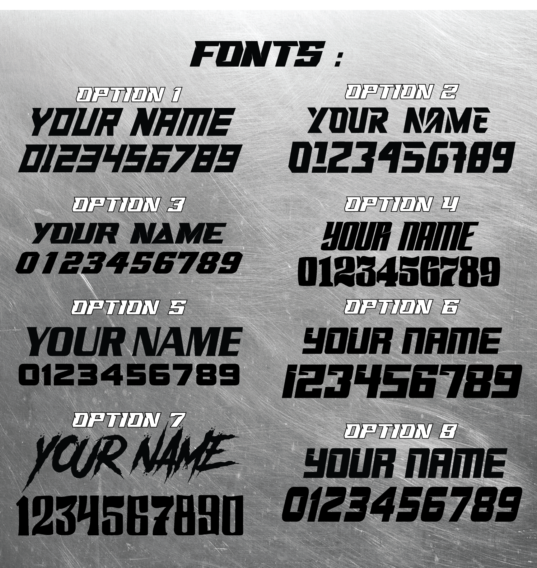 Available font styles for personalized balance bike plate decals