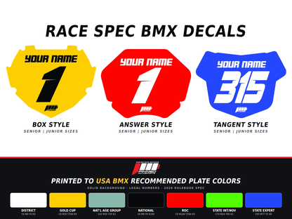 Race Spec BMX Plate Decals | Custom Name / Number | Senior & Junior Sizes