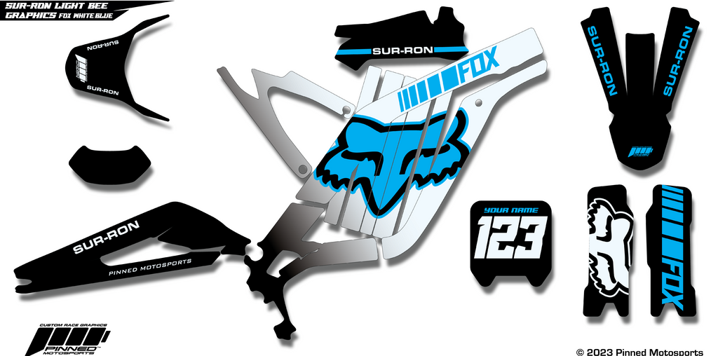 Personalized Sur-Ron Light Bee Graphics, Fox Style White/Blue Sur-Ron Light Bee Full Graphics Kit, Custom Sur-Ron Light Bee Graphics