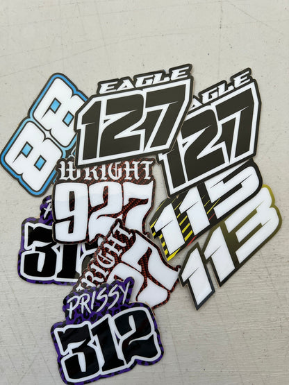 Personalized Name & Number Decal Packs, Non-laminated Custom Stickers, Custom Motorsports Decal Bundles, Personalized Sticker Packs