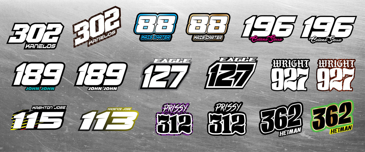Personalized Name & Number Decal Packs, Non-laminated Custom Stickers, Custom Motorsports Decal Bundles, Personalized Sticker Packs