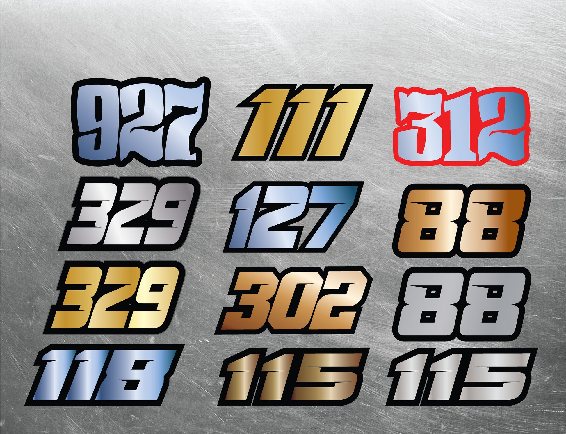 Metallic Custom Number Decals, Metallic Waterproof Racing Stickers, Gold Motorsports Decals, Holographic Stickers