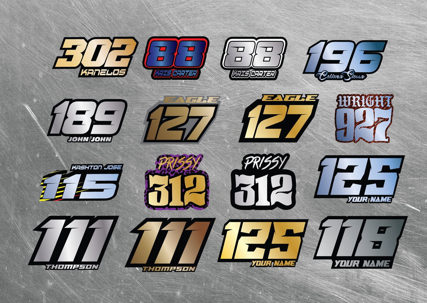 Metallic Name & Number Decals, Metallic Waterproof Metallic Stickers, Gold Motorsports Decals, Holographic Stickers