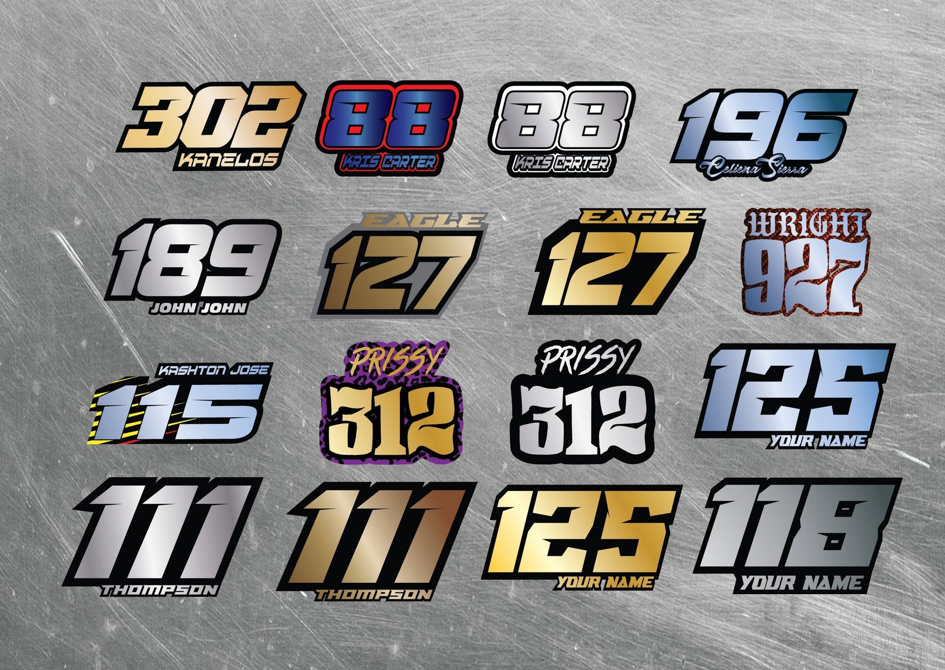 Metallic Name & Number Decals, Metallic Waterproof Metallic Stickers, Gold Motorsports Decals, Holographic Stickers