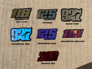 Metallic Name & Number Decals, Metallic Waterproof Metallic Stickers, Gold Motorsports Decals, Holographic Stickers