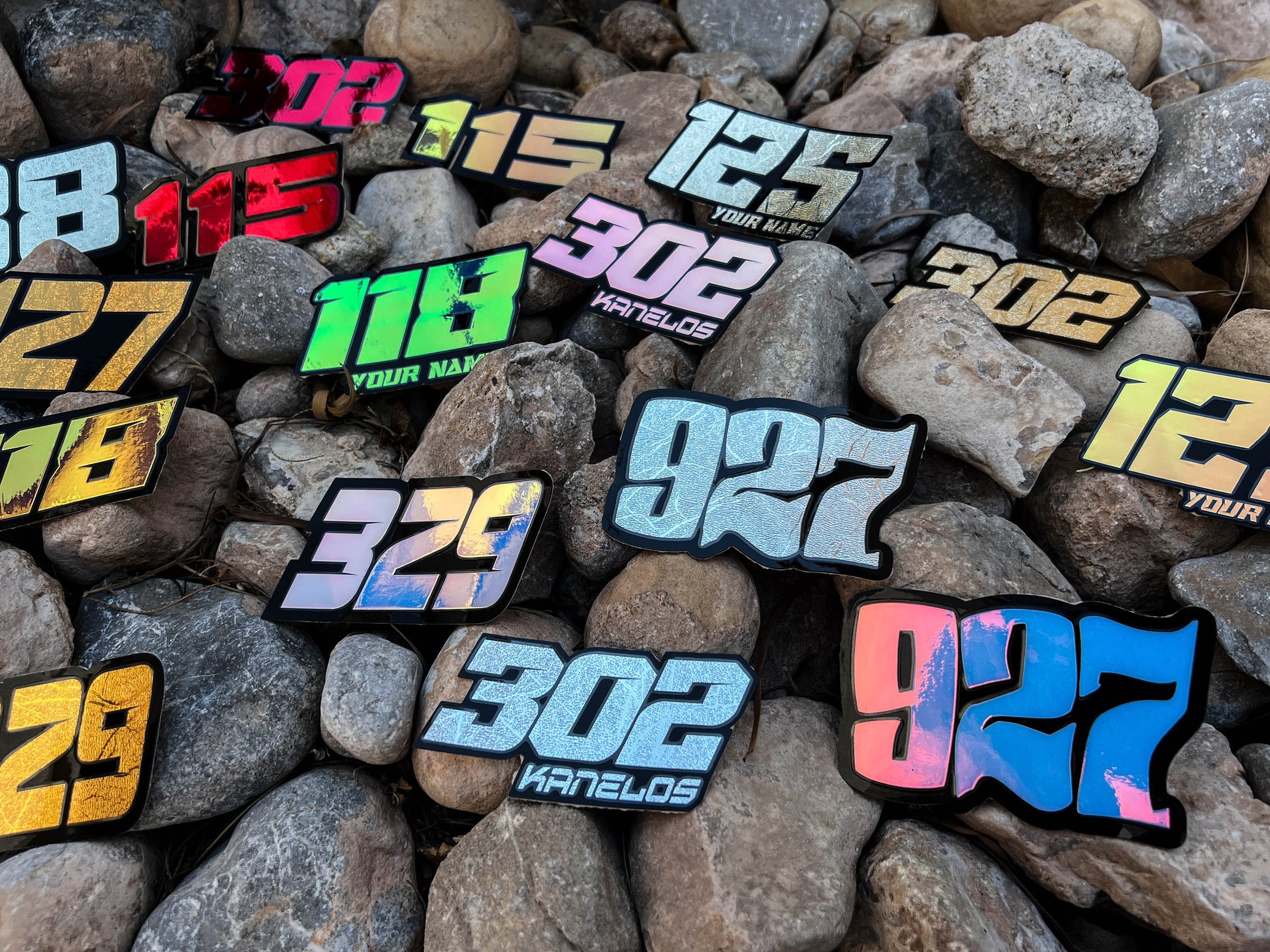 Metallic Name & Number Decals, Metallic Waterproof Metallic Stickers, Gold Motorsports Decals, Holographic Stickers