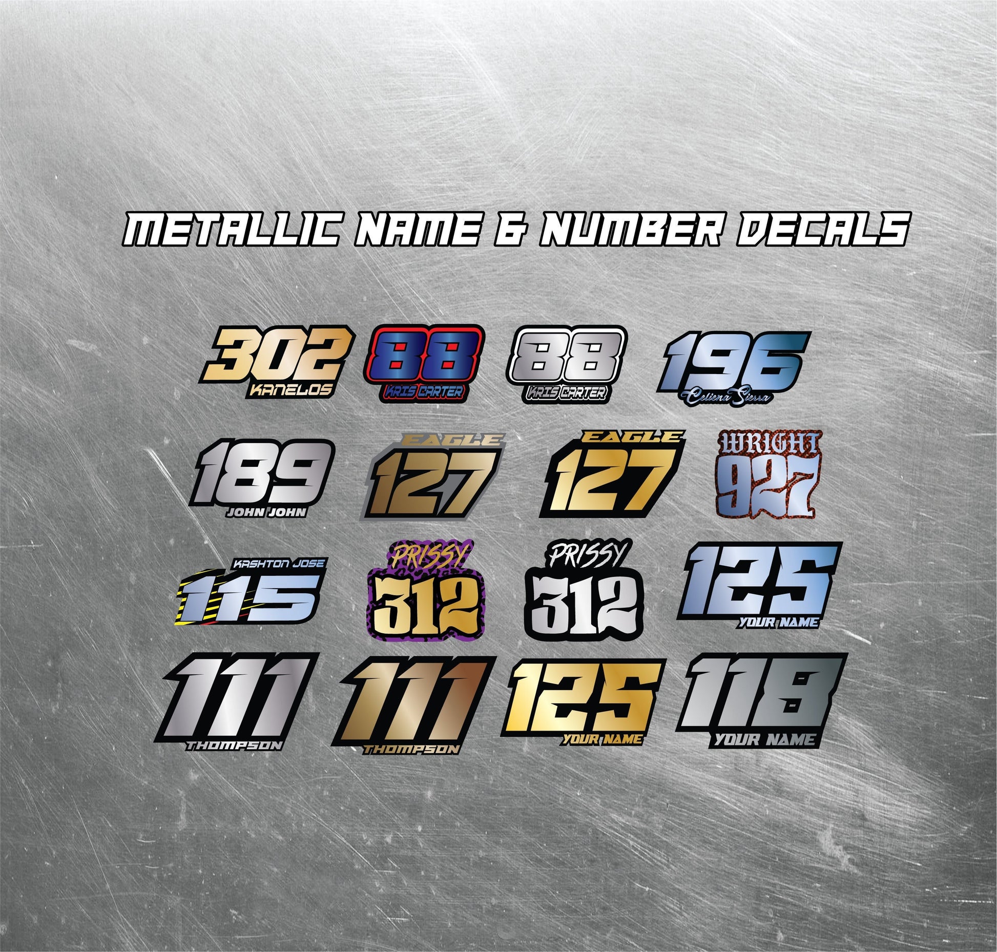 Metallic Name & Number Decals, Metallic Waterproof Metallic Stickers, Gold Motorsports Decals, Holographic Stickers