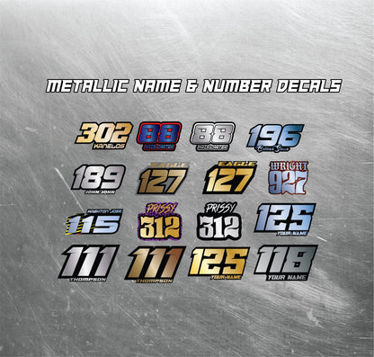 Metallic Name & Number Decals, Metallic Waterproof Metallic Stickers, Gold Motorsports Decals, Holographic Stickers