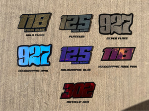 Metallic Custom Number Decals, Metallic Waterproof Racing Stickers, Gold Motorsports Decals, Holographic Stickers