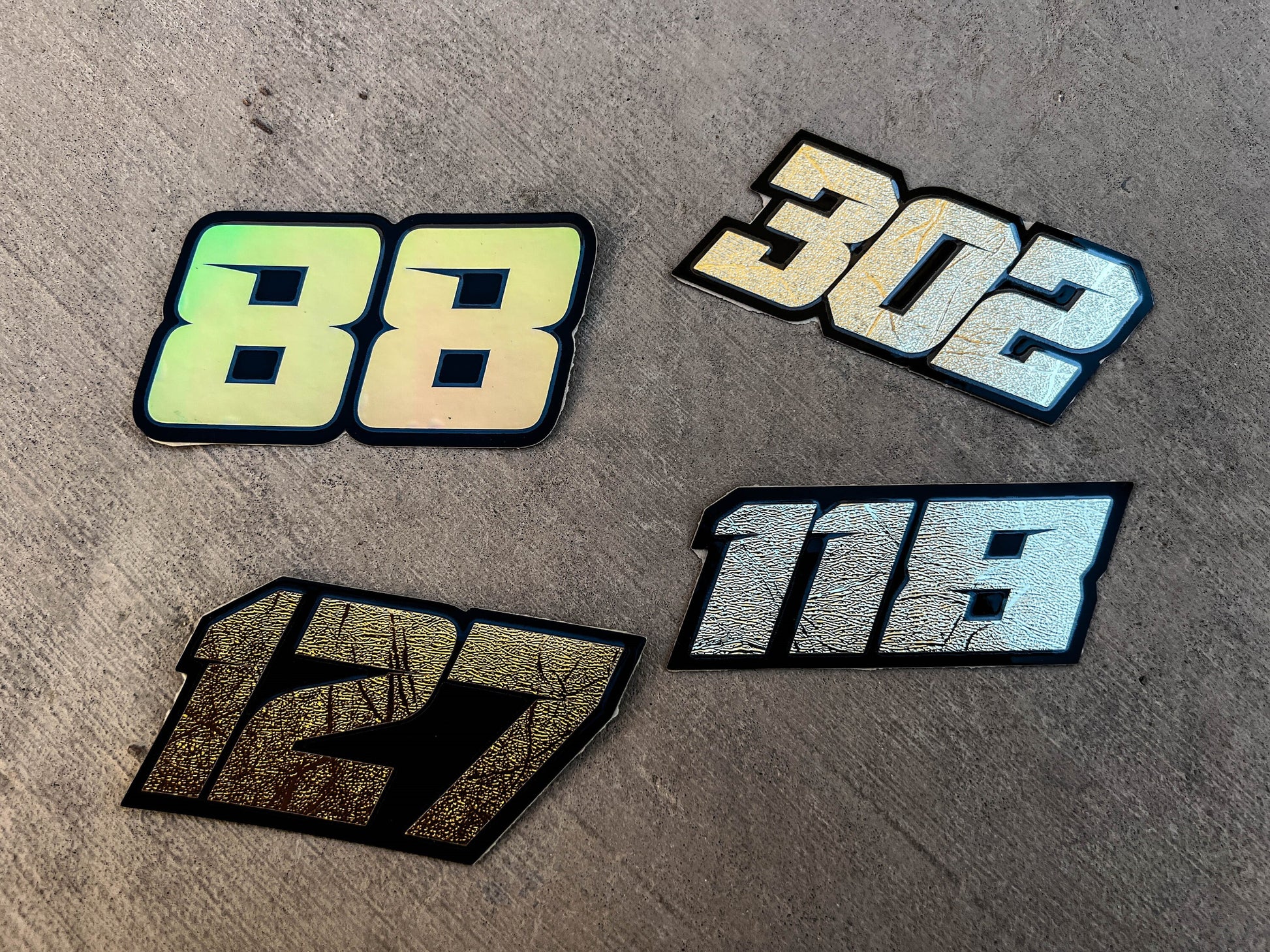 Metallic Custom Number Decals, Metallic Waterproof Racing Stickers, Gold Motorsports Decals, Holographic Stickers