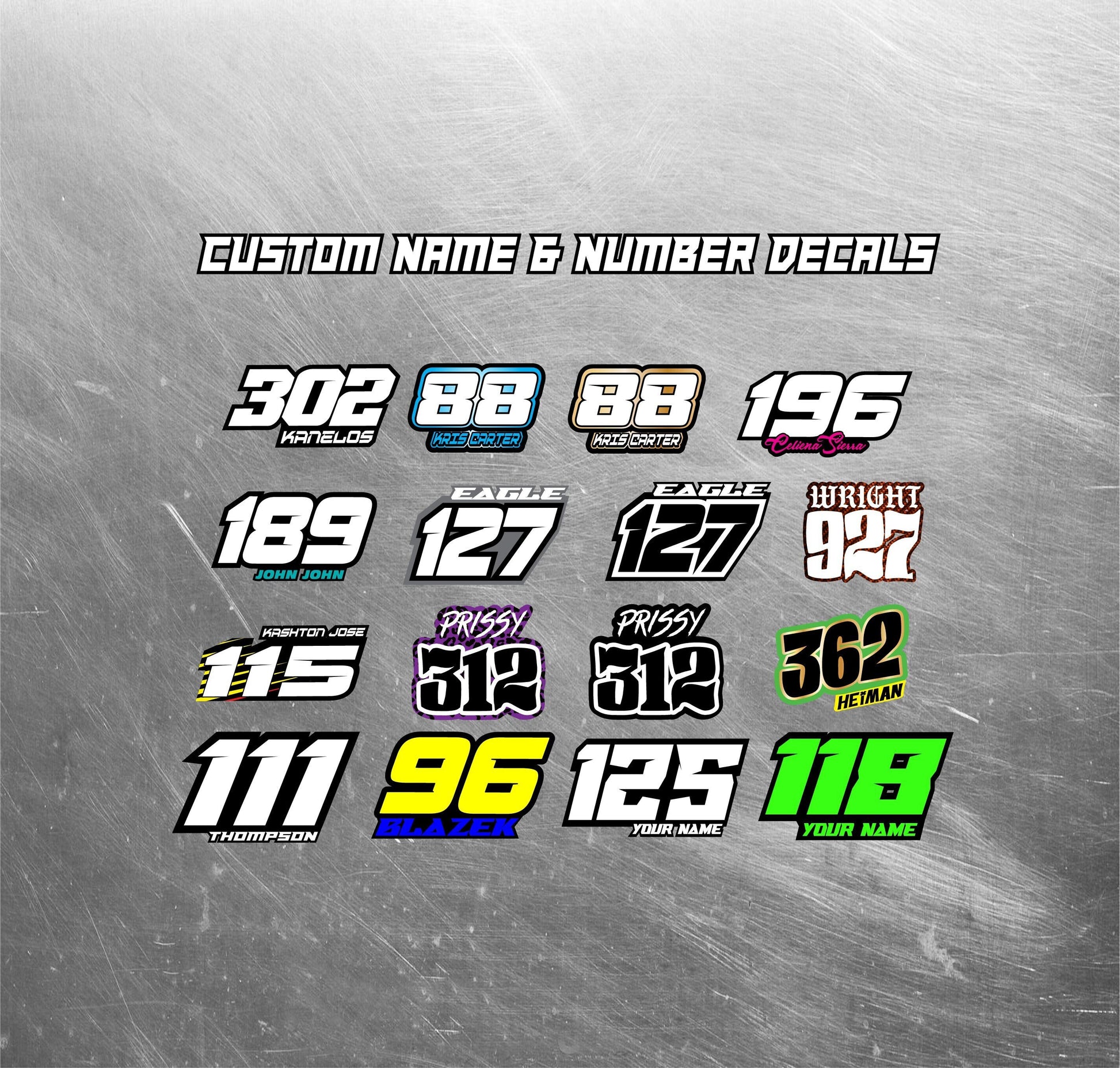 Personalized Name & Number Decal Packs, Non-laminated Custom Stickers, Custom Motorsports Decal Bundles, Personalized Sticker Packs