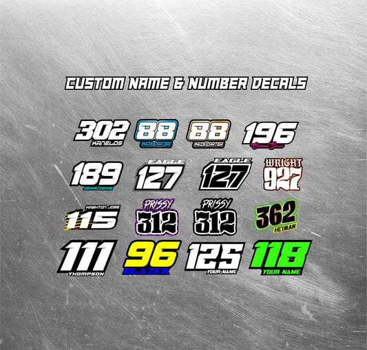Personalized Name & Number Decal Packs, Non-laminated Custom Stickers, Custom Motorsports Decal Bundles, Personalized Sticker Packs