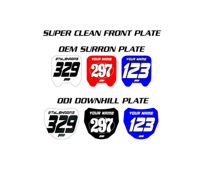 Super Clean Sur-Ron Front Plate Decals, Personalized Name and Number Plate, ODI MTB Plate Decals