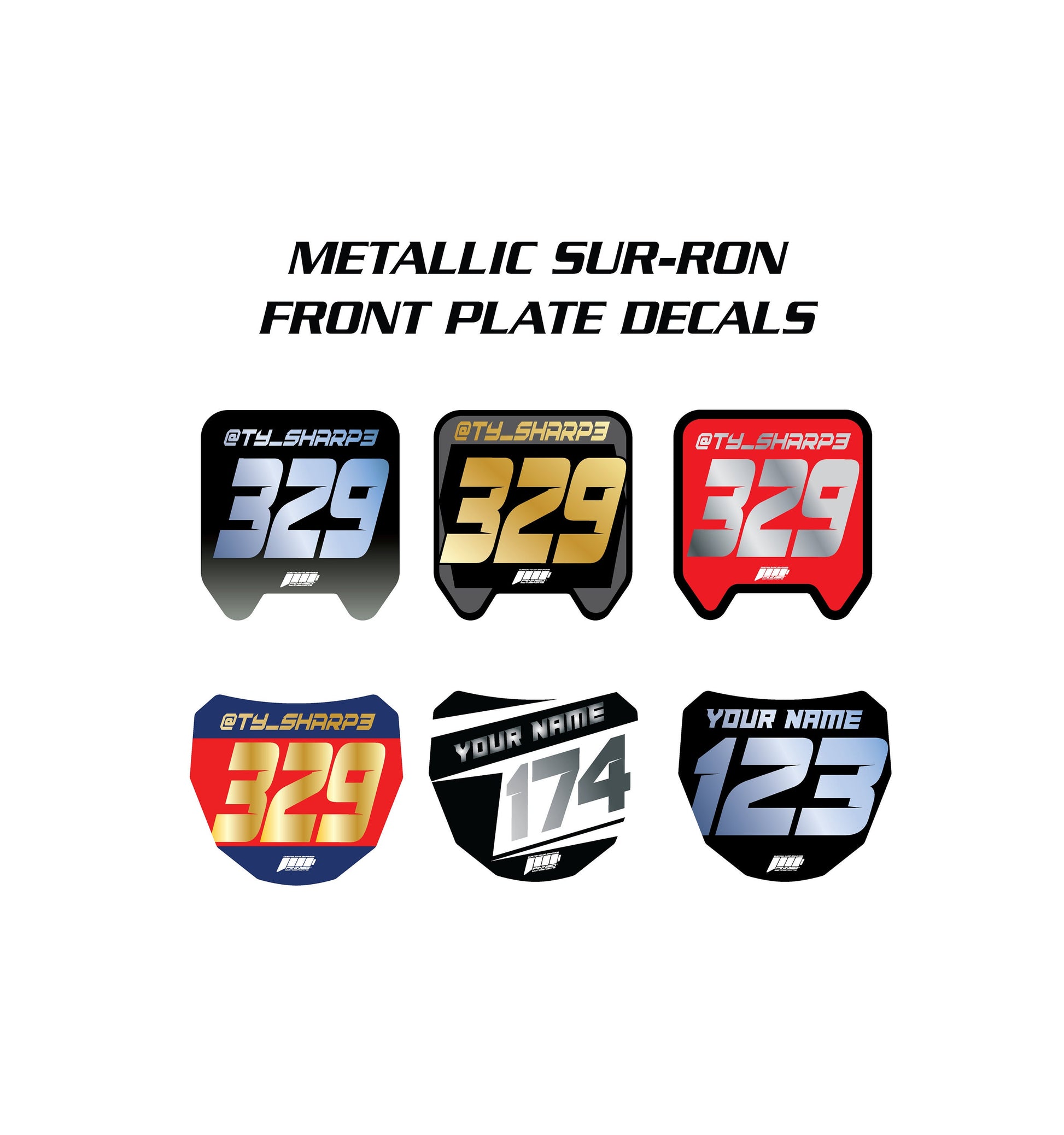 Metallic Sur-Ron Front Plate Decals, Custom Name and Number Plate, ODI MTB Plate Decals