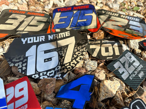 Full Color Chrome Sur-Ron Front Plate Decals, Chrome Name Number Plate decals, Metallic ODI MTB Plate Decals, Chrome Surron Decals