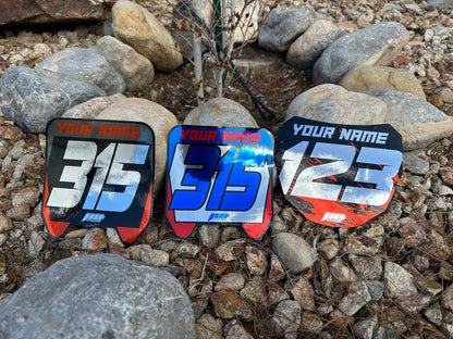 Full Color Chrome Sur-Ron Front Plate Decals, Chrome Name Number Plate decals, Metallic ODI MTB Plate Decals, Chrome Surron Decals