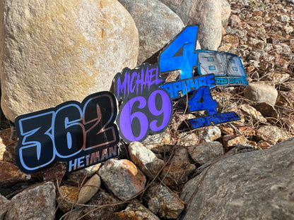 Chrome Name & Number Decals, Metallic Waterproof Racing Stickers, Gold Motorsports Decals