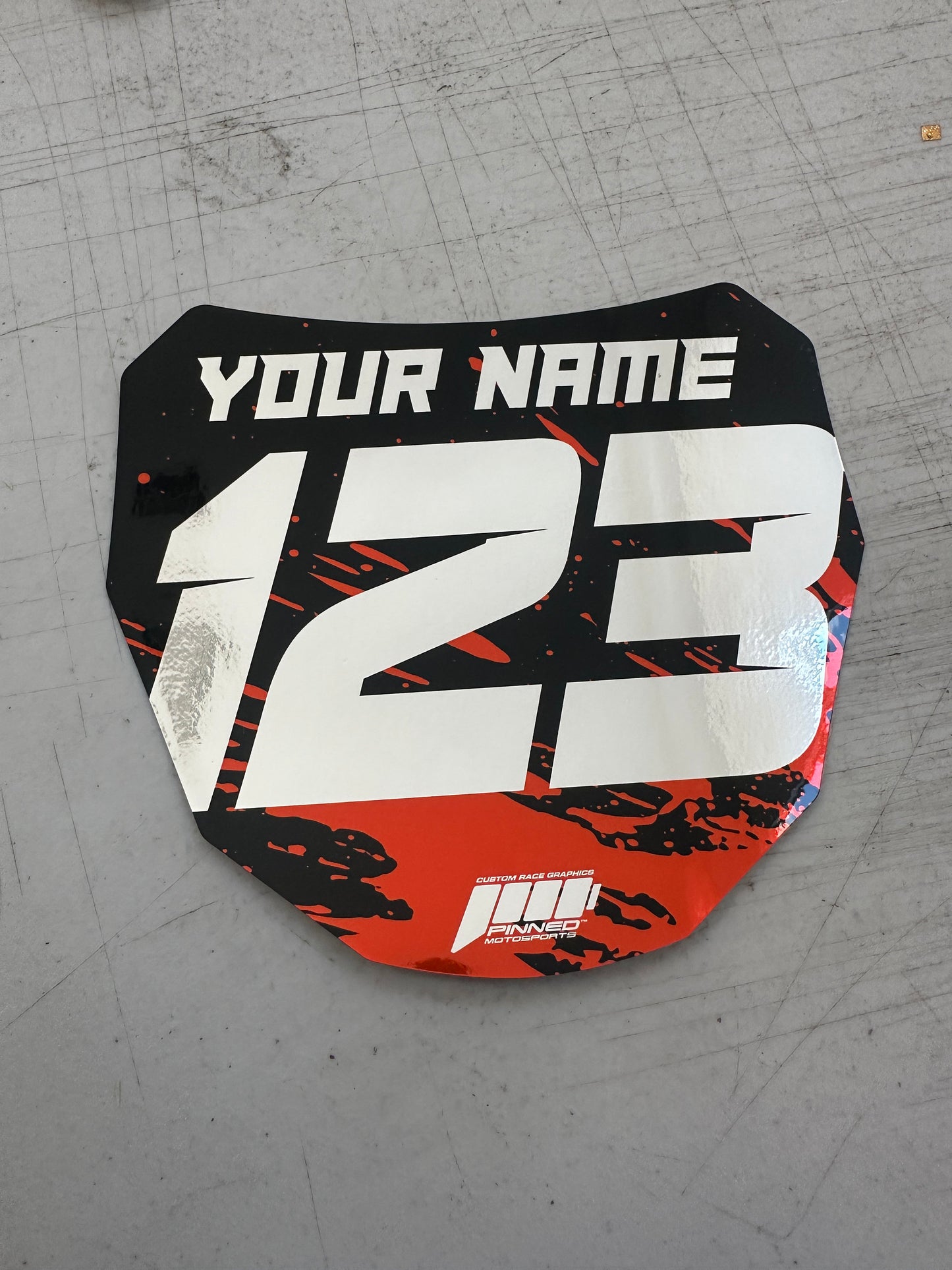 Full Color Chrome Sur-Ron Front Plate Decals, Chrome Name Number Plate decals, Metallic ODI MTB Plate Decals, Chrome Surron Decals