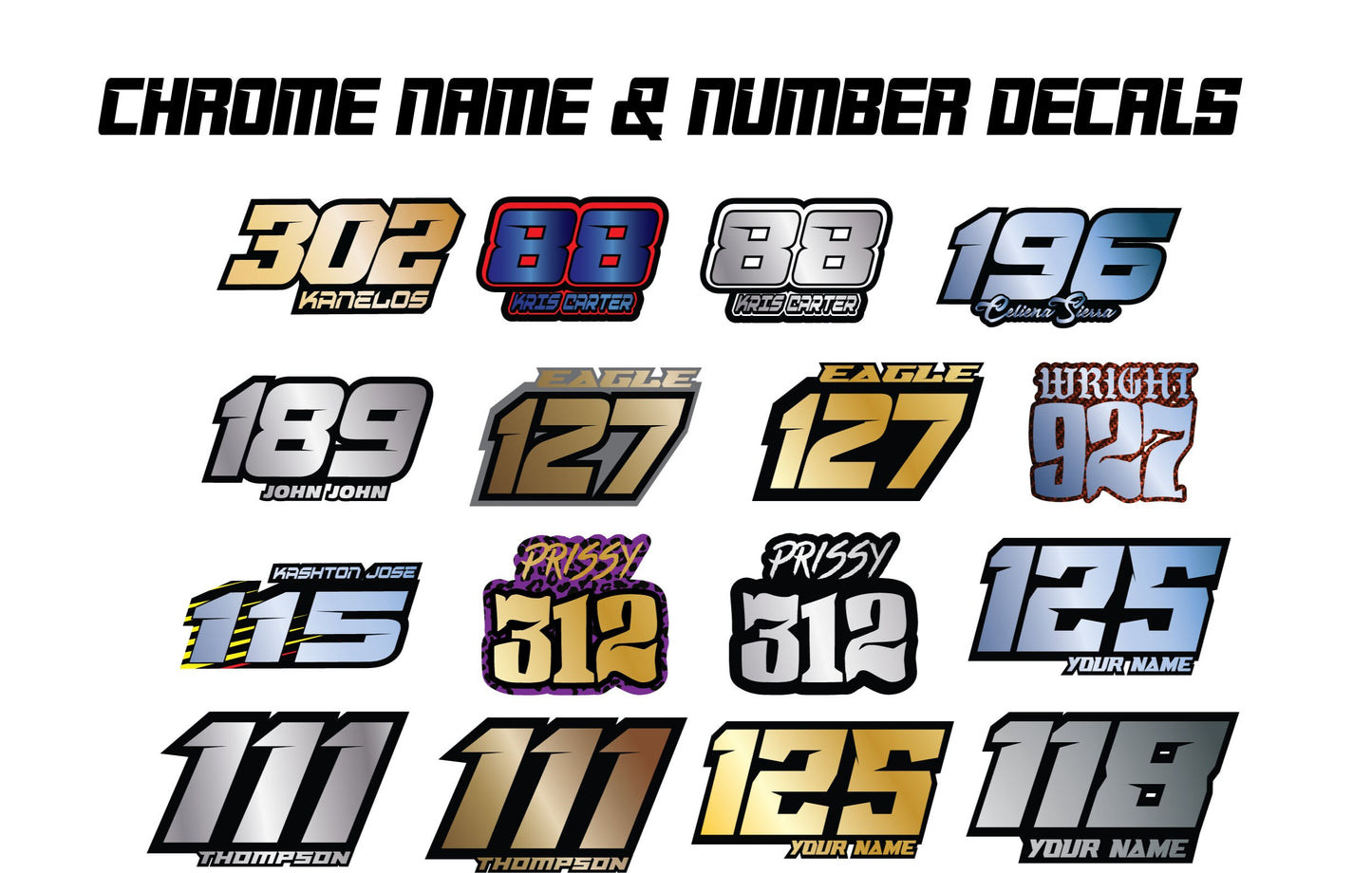 Chrome Name & Number Decals, Metallic Waterproof Racing Stickers, Gold Motorsports Decals