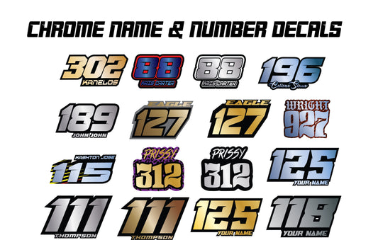 Chrome Name & Number Decals, Metallic Waterproof Racing Stickers, Gold Motorsports Decals