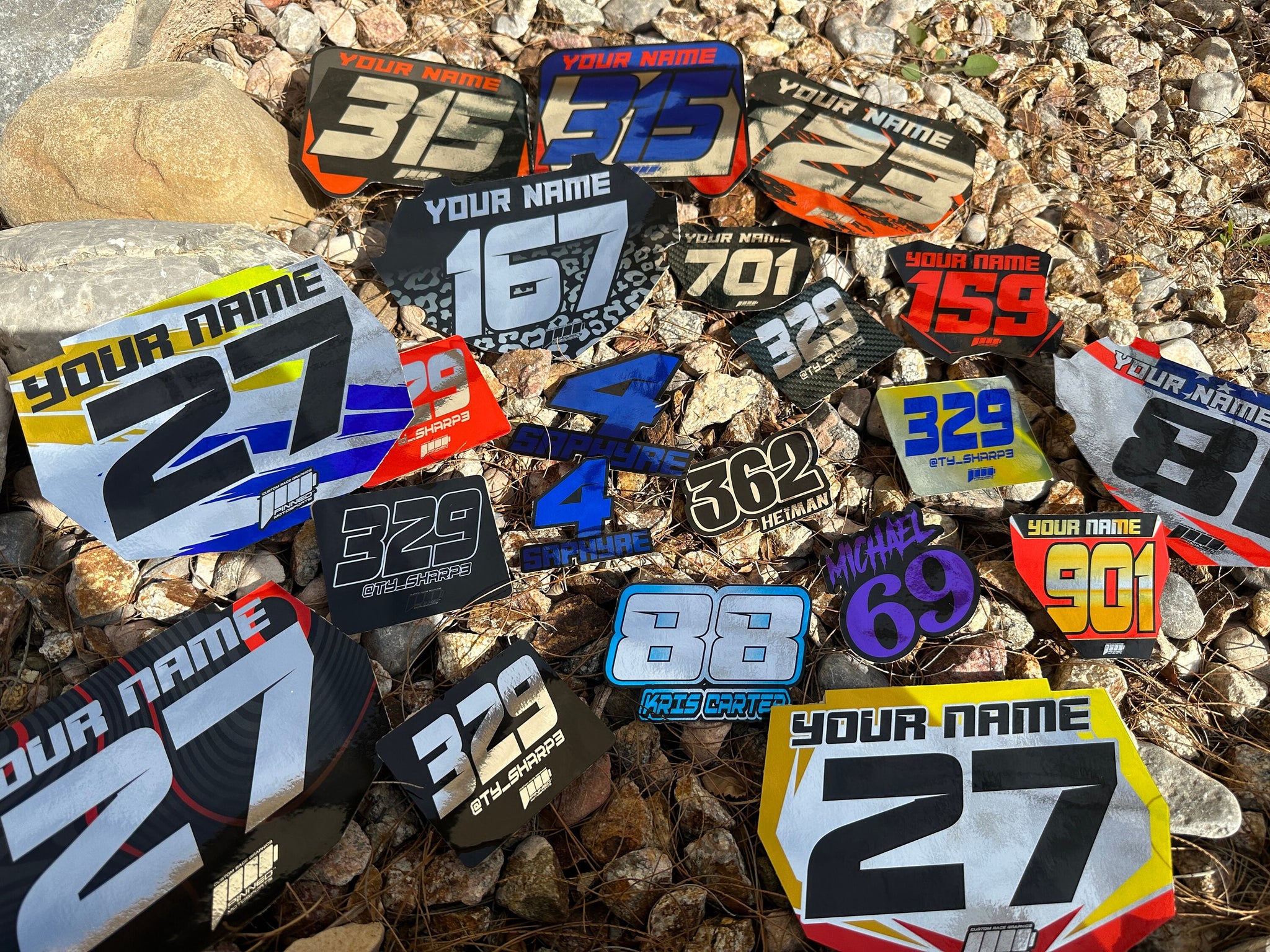 Chrome Name & Number Decals, Metallic Waterproof Racing Stickers, Gold Motorsports Decals