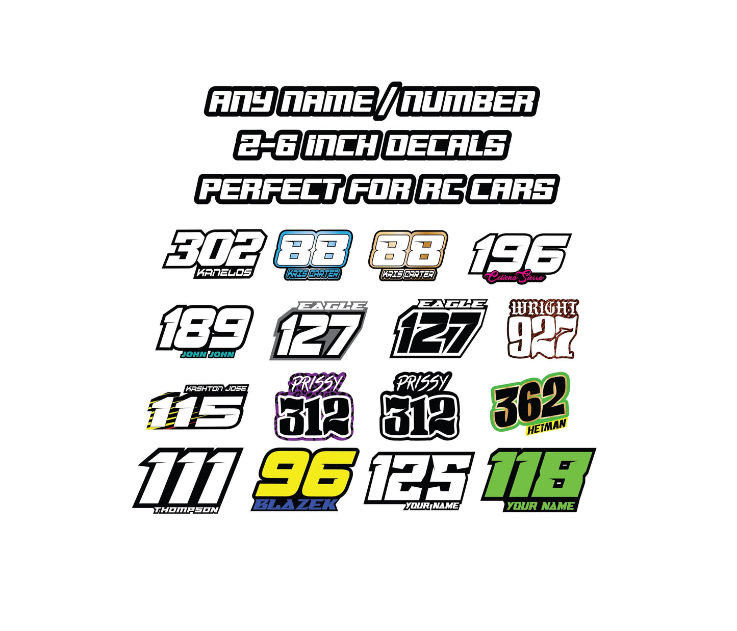 Custom RC Decals | Name & Number Decals | Personalized Decal Set