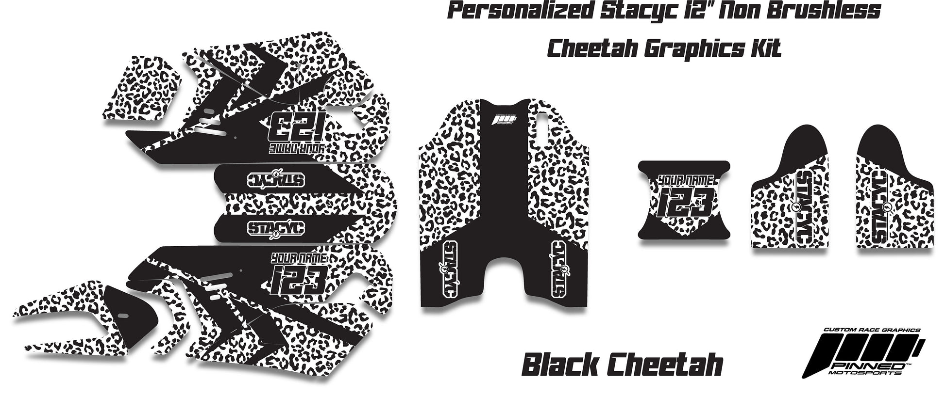 Personalized 12" Stacyc Cheetah Graphics kit, 12" Stacyc Custom Graphics, Stacyc Graphics Kit, 12" Non Brushless Stacyc Decals