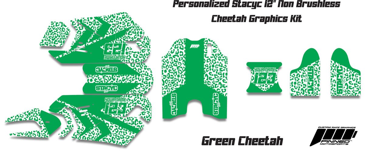 Personalized 12" Stacyc Cheetah Graphics kit, 12" Stacyc Custom Graphics, Stacyc Graphics Kit, 12" Non Brushless Stacyc Decals