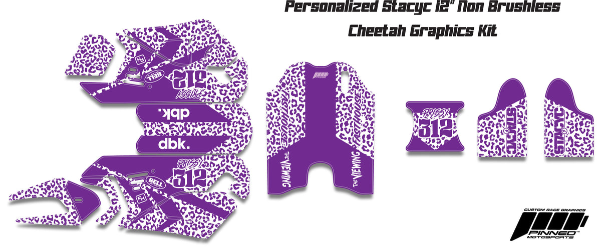 Personalized 12" Stacyc Cheetah Graphics kit, 12" Stacyc Custom Graphics, Stacyc Graphics Kit, 12" Non Brushless Stacyc Decals