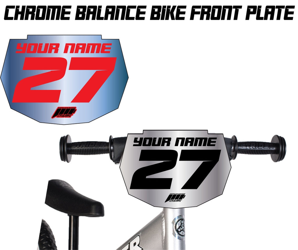 Solid Colored Chrome Balance Bike Decals, Balance Bike Name Number Plate decals